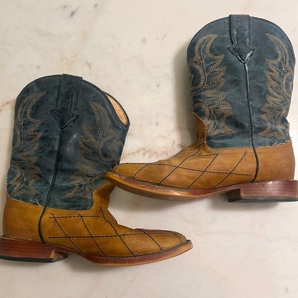 Roper Blue/Brown Leather Square Toe  Western Cowboy Boots Size  5 Big Kids - Picture 1 of 7